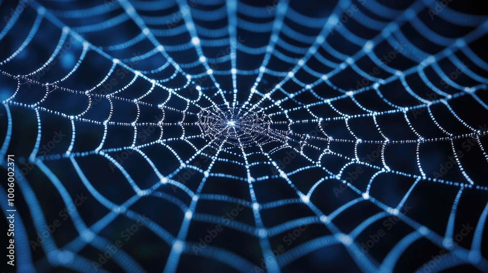 A high-resolution spider web with illuminated nodes of light at intersections, representing a futuristic digital network on a transparent background.