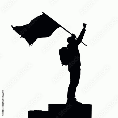 a black silhouette of a person holding a flag. The person is standing on a pedestal and is raising their right arm