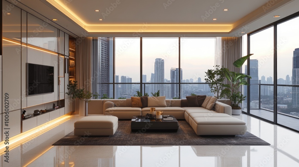 Fototapeta premium A luxurious, open-concept living room with panoramic views, smart home technology, and minimalist furnishings, offering a futuristic and elegant vibe.
