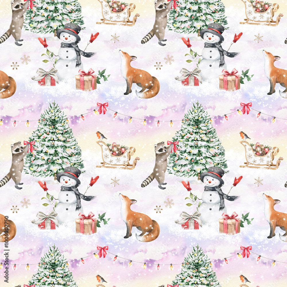 Fototapeta premium Watercolor seamless pattern. Cute forest animals, Christmas tree, snowman, fox, raccoon, garland, snowflakes, sleigh, gift boxes, robin. Hand drawn illustrations on magical color background