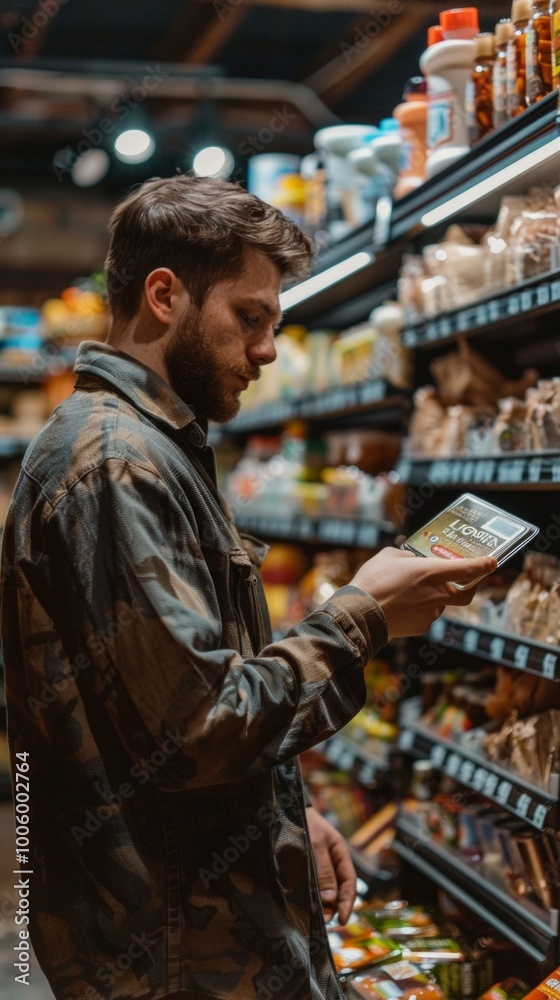 A man with a beard in a supermarket, picking a can from a shelf, carefully reading labels. Decision-making or comparing products evident. A man with a beard in a supermarket, picking a can from a shelf, carefully reading labels. Decision-making or comparing products evident.