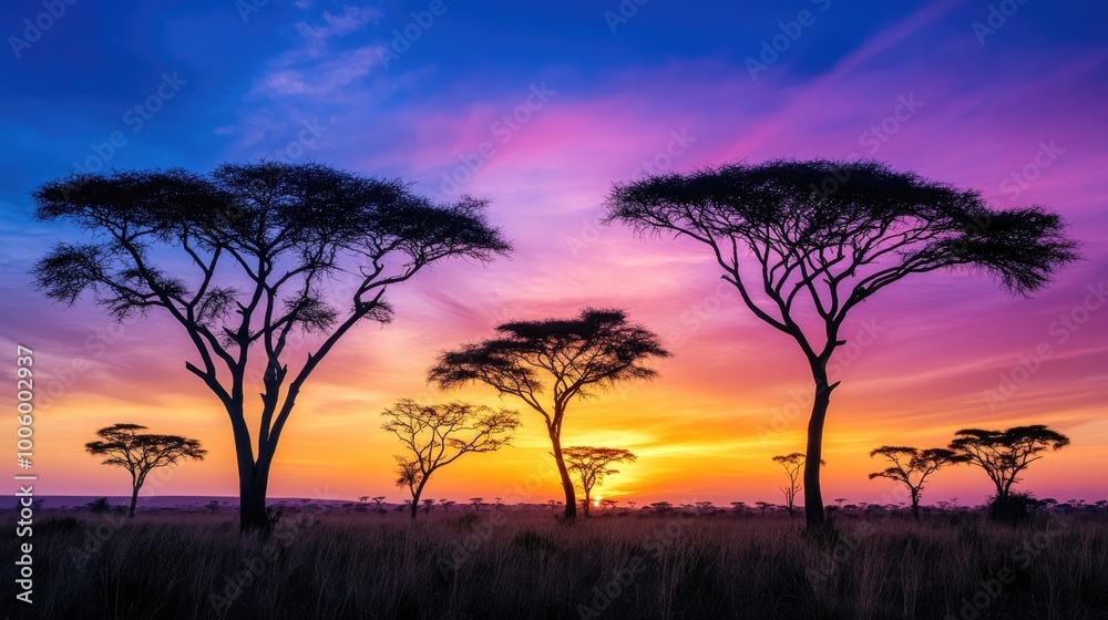 Fototapeta premium A stunning savannah landscape at dusk, with acacia trees silhouetted against the vibrant colors of the setting sun and wisps of clouds in the sky.
