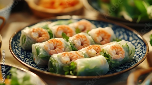 Gỏi cuốn, Vietnamese spring rolls, summer spring rolls, or salad spring rolls, a traditional dish in Vietnamese cuisine consisting of chicken, shrimp, vegetables, bún, and other ingredients  photo