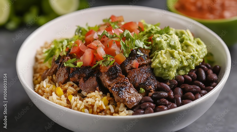 A hearty beef burrito bowl with black beans, rice, and guacamole A hearty beef burrito bowl with black beans, rice, and guacamole