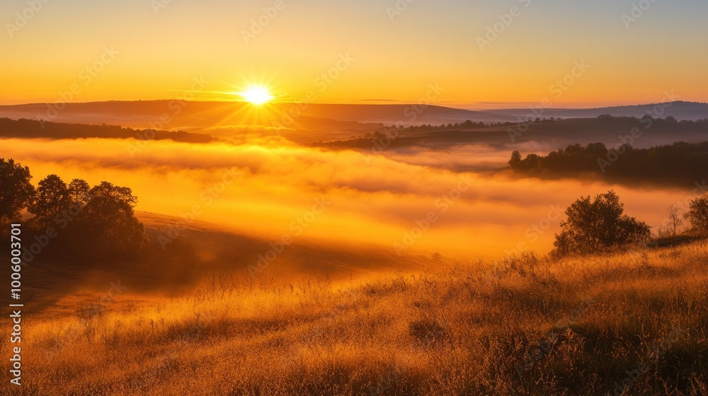 A sunrise over the plains, with mist rising from the ground and the light casting a golden glow across the landscape. - A sunrise over the plains, with mist rising from the ground and the light casting a golden glow across the landscape. -