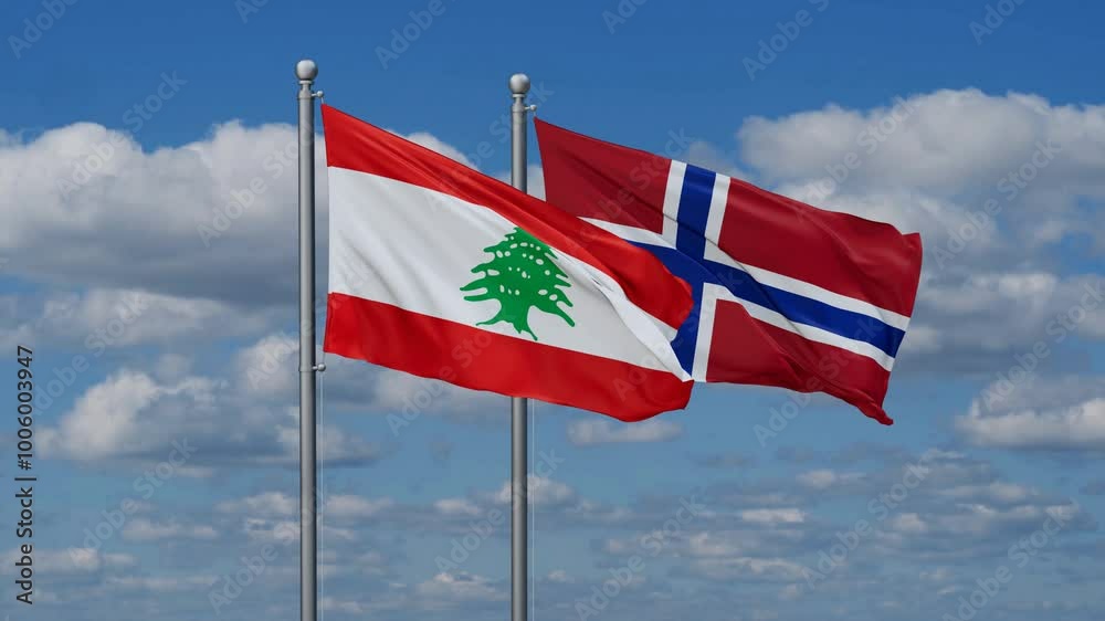 Norway and Lebanon flags flying together, video concept of the relationship, two country relations concept Norway and Lebanon flags flying together, video concept of the relationship, two country relations concept