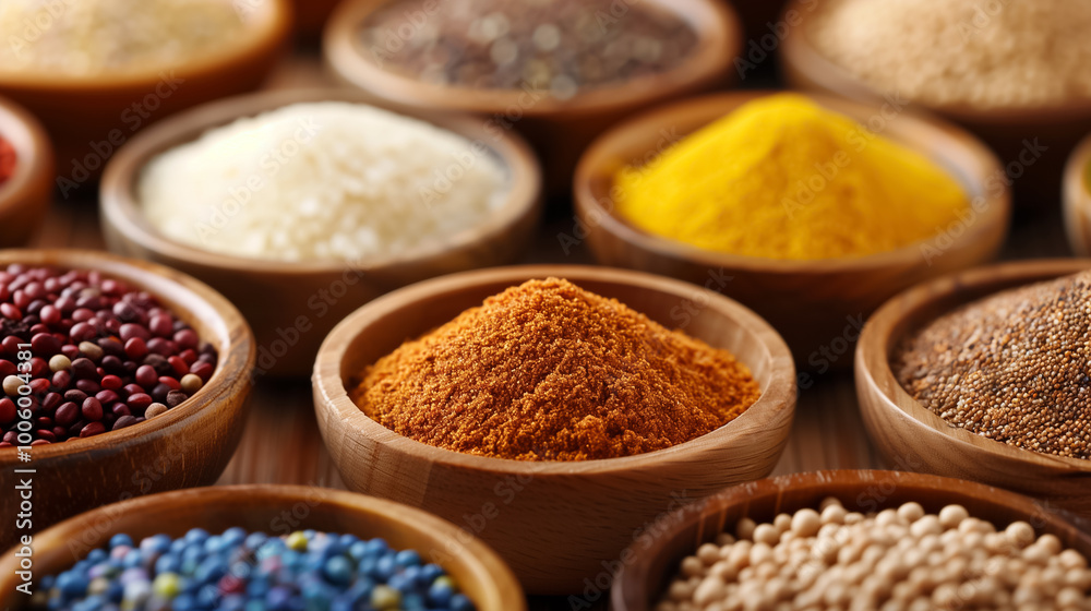 A vibrant arrangement of various spices and grains is artistically displayed in wooden bowls. The colorful assortment showcases the rich diversity of culinary ingredients A vibrant arrangement of various spices and grains is artistically displayed in wooden bowls. The colorful assortment showcases the rich diversity of culinary ingredients