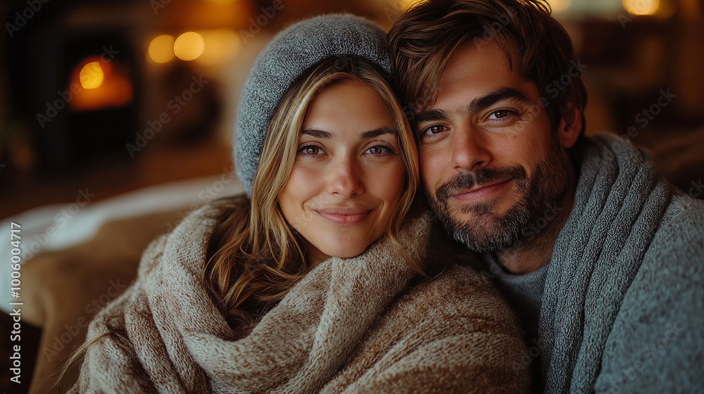 Couple covered in plaid sitting near fireplace at home Couple covered in plaid sitting near fireplace at home