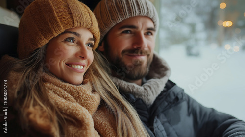 Beautiful young loving couple covering with a cozy warm blanket while spending time at home together