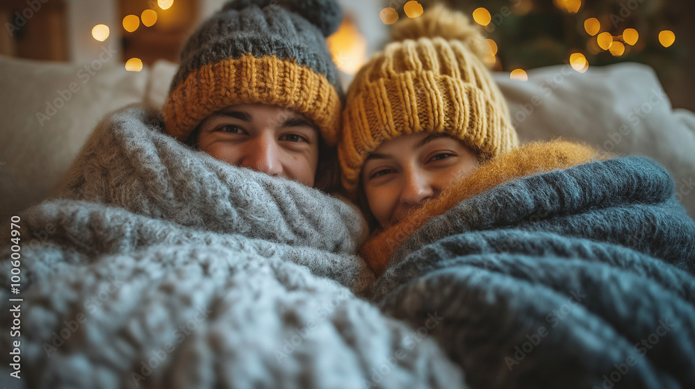 Young loving couple embracing sitting rolled themself in knitted rug with Christmas tree and decorations on background Young loving couple embracing sitting rolled themself in knitted rug with Christmas tree and decorations on background