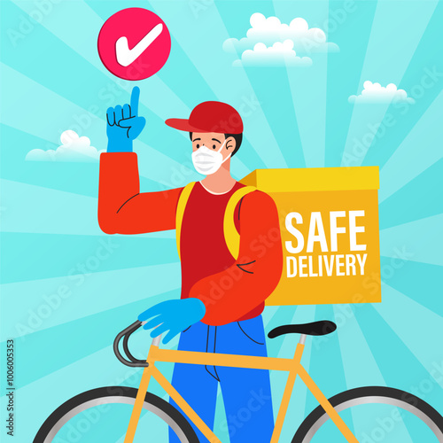 person riding a bicycle, delivery food, wear mask