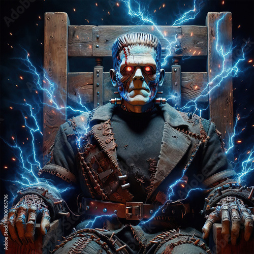 The monster of Frankenstein on eletric chair with lightnings