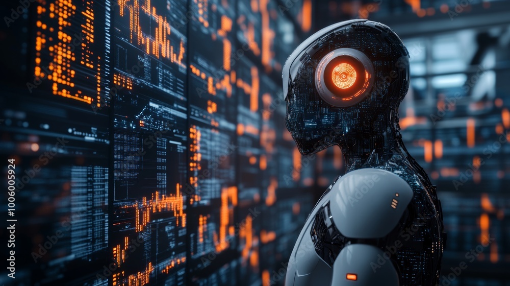 Futuristic Robot Analyzing Data on Digital Screens Futuristic Robot Analyzing Data on Digital Screens