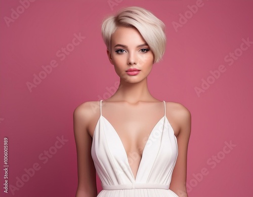 studio portrait of a blonde female model with short hair wearing a low cut white dress on pink background, fashion photography