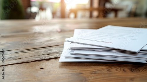 A stack of resumes and job applications on a wooden table