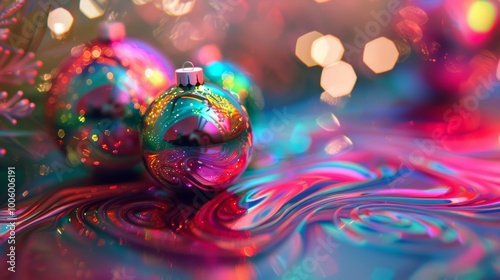 A colorful Christmas ornament sits on a table. The ornament is surrounded by a colorful swirl of paint, giving it a festive and playful appearance