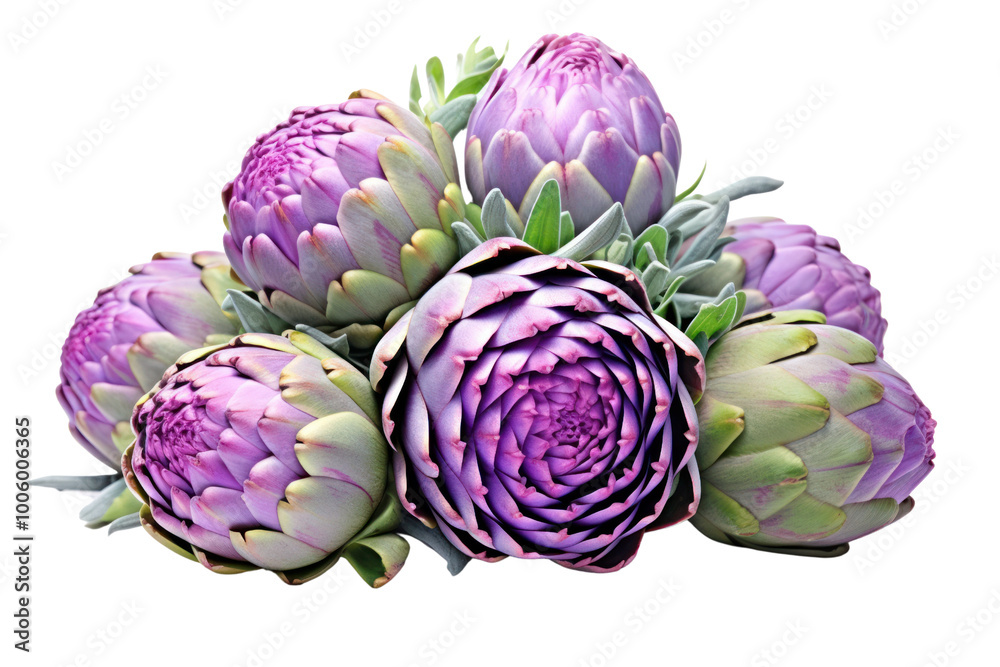 Obraz premium Vibrant blooming artichokes with a variety of purple hues, displaying intricate layers of petals, isolated against a crisp white background