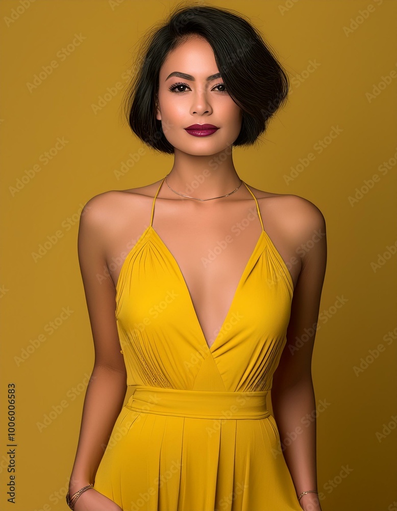 Naklejka premium studio portrait of a brunette female model with short hair wearing a low cut yellow dress on yellow background, fashion photography