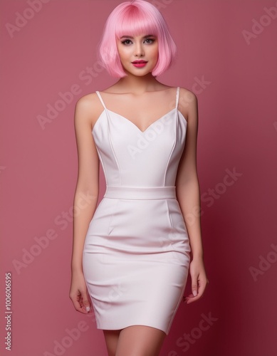 studio portrait of a woman model with pink short hair wearing a low-cut white dress on pink background, fashion photography