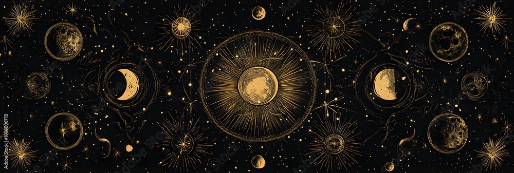 A black background with various celestial symbols, such as suns and moons A black background with various celestial symbols, such as suns and moons