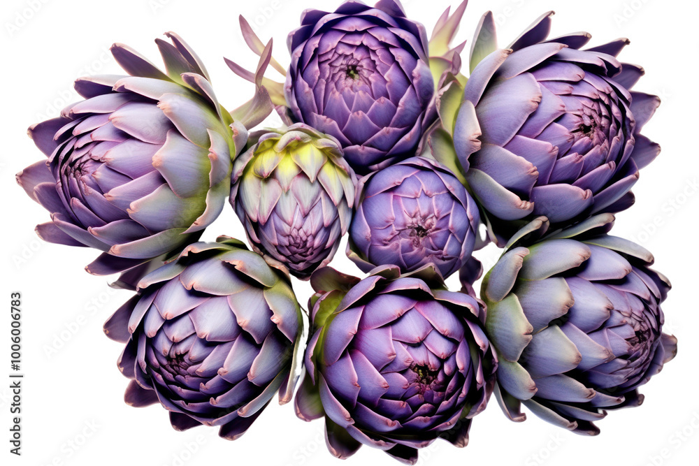 Obraz premium Vibrant blooming artichokes with a variety of purple hues, displaying intricate layers of petals, isolated against a crisp white background