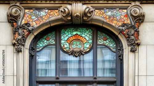 A close-up of a historic window with stained glass and ornate metalwork photo