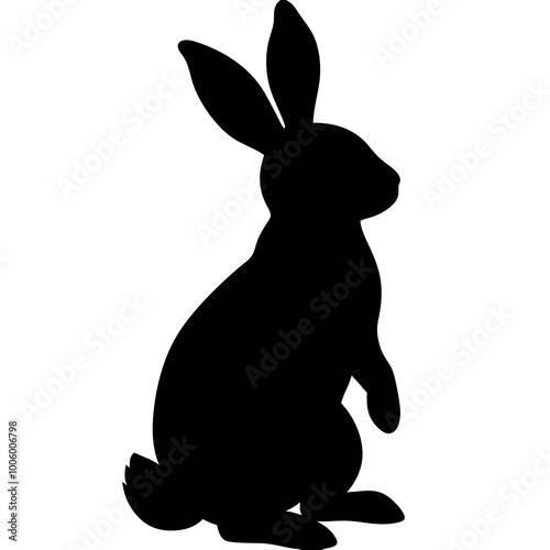 a black silhouette of a rabbit. The rabbit is sitting on its hind legs with its front paws stretched out in front of it. Its ears are pointed upward