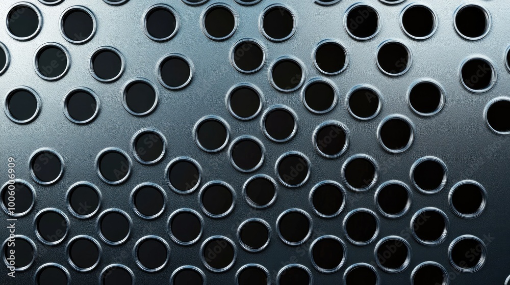 Perforated steel sheet with evenly spaced round holes, creating a modern industrial look. Perforated steel sheet with evenly spaced round holes, creating a modern industrial look.