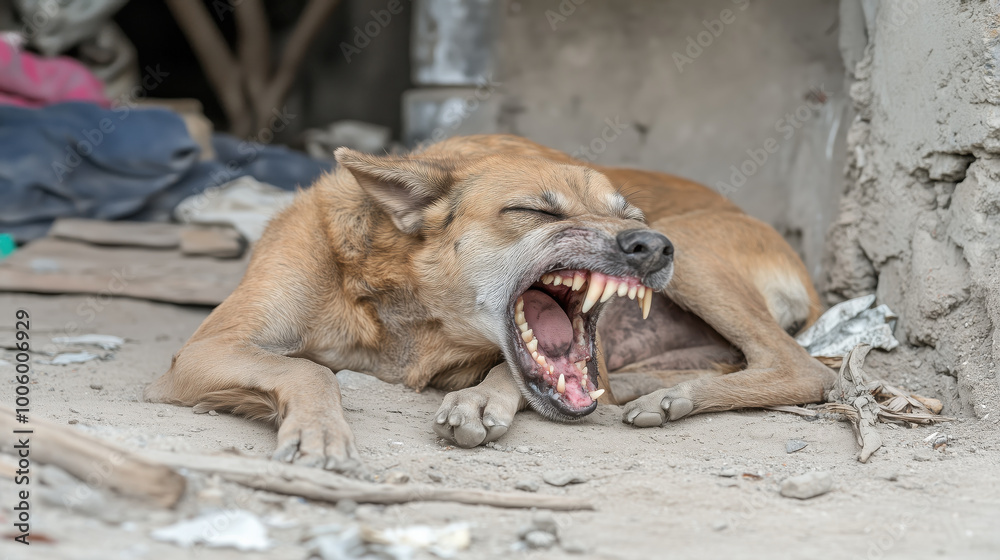 Aggressive stray dog yawning and showing teeth in dirty environment Aggressive stray dog yawning and showing teeth in dirty environment