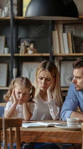 A tense family scene at a dining table with a laptop and books suggests discomfort among parents and a young girl, reflecting emotional strain in the household.
