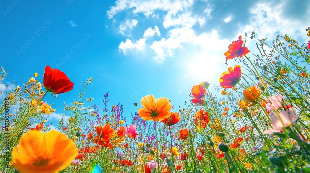 Obraz premium Vibrant Flower Meadow Under Bright Blue Sky