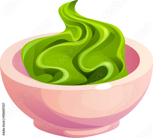 Cartoon bowl of wasabi, condiment for Japanese sushi and rolls. Isolated vector vivid green wasabi swirls with creamy texture and spicy flavor resting in a ceramic bowl. Japan restaurant spicy food