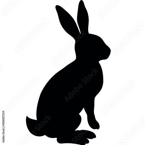 a black silhouette of a rabbit. The rabbit is sitting on its hind legs with its front paws stretched out in front of it. Its ears are pointed upward
