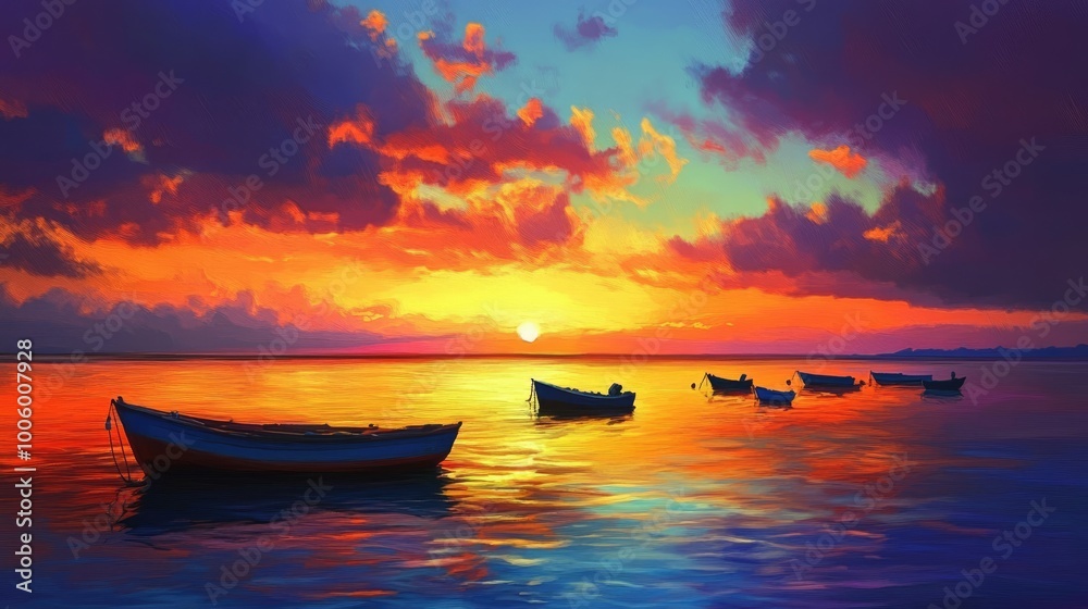 A tranquil sunset over a beach dotted with small fishing boats, their outlines silhouetted against the colorful sky and calm waters. A tranquil sunset over a beach dotted with small fishing boats, their outlines silhouetted against the colorful sky and calm waters.