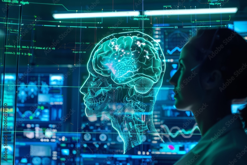 Exploring the intersection of neuroscience and technology in a futuristic lab setting with advanced holographic displays. Generative AI Exploring the intersection of neuroscience and technology in a futuristic lab setting with advanced holographic displays. Generative AI