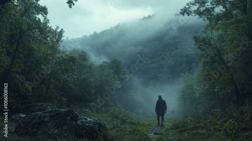 Mysterious Silhouette Walking Through Foggy Forest Path