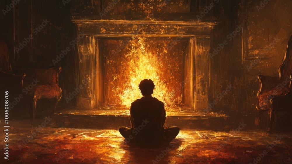 Silhouette of Man Sitting in Front of Fireplace with Warm Light