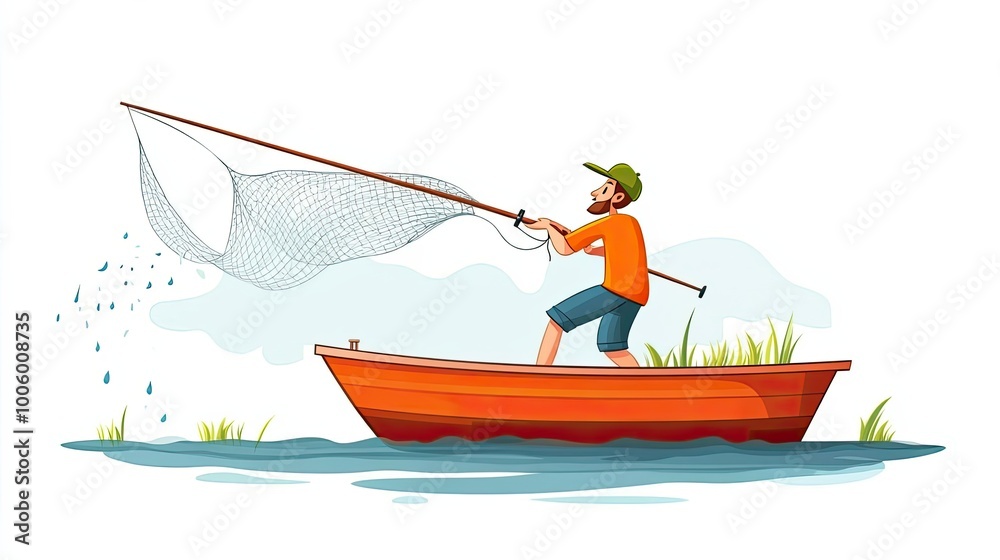 Cartoon Fisherman Casting Net From Boat Cartoon Fisherman Casting Net From Boat