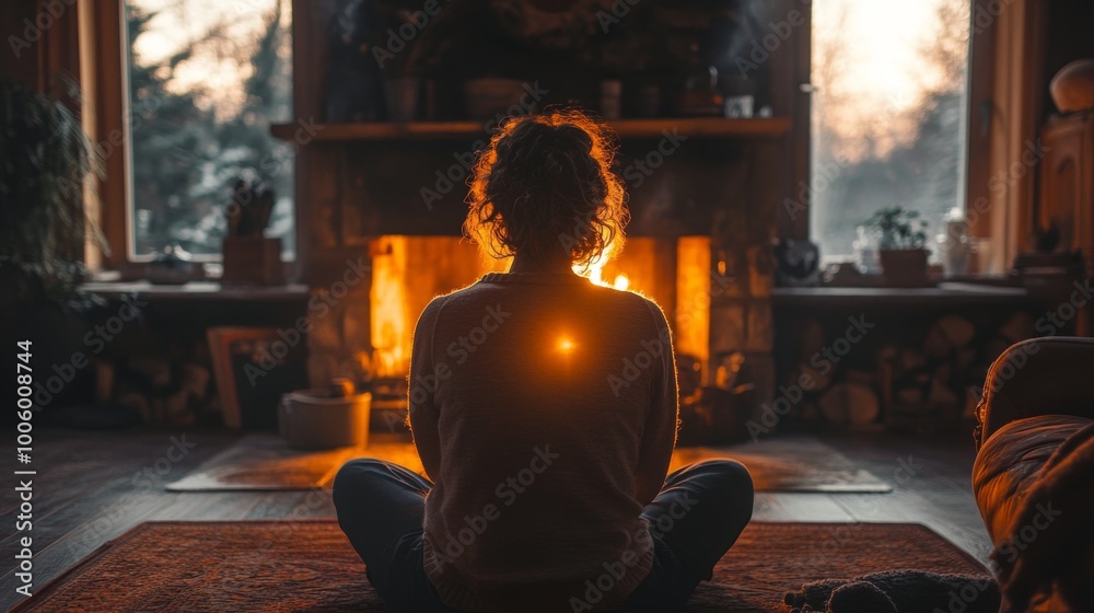 Woman Relaxing by Fireplace in Cozy Cabin Interior Woman Relaxing by Fireplace in Cozy Cabin Interior