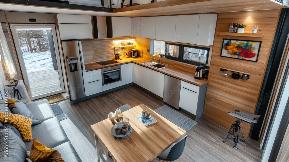 A close-up of the interior of a modular home, showcasing efficient use of space A close-up of the interior of a modular home, showcasing efficient use of space