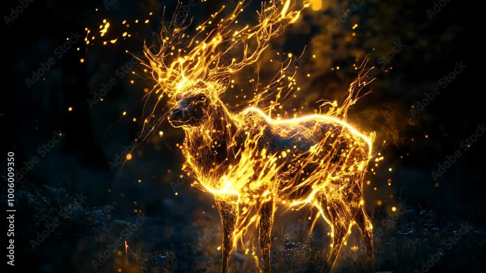 Majestic Glowing Deer with Fiery Particles in Enchanted Forest