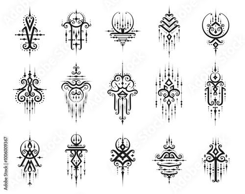 Sacred oriental Thai symbols and Buddhism religious signs for tattoo or Yantra Sak Yant, vector icons. Thailand ethnic sacred ornaments of Thai Buddha culture symbols for Sak Yant Yantra tattooing art