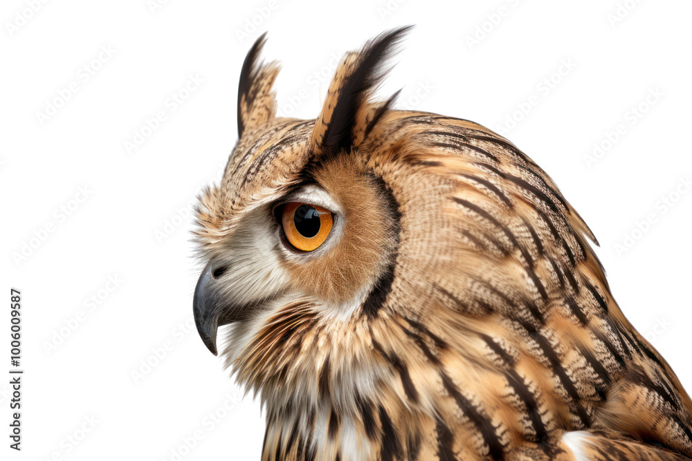 Obraz premium Side profile of an owl looking intently to the right, its sharp beak and facial disc clearly visible against a white background