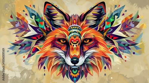 Fox head with vibrant tribal designs in a conceptual art piece. photo