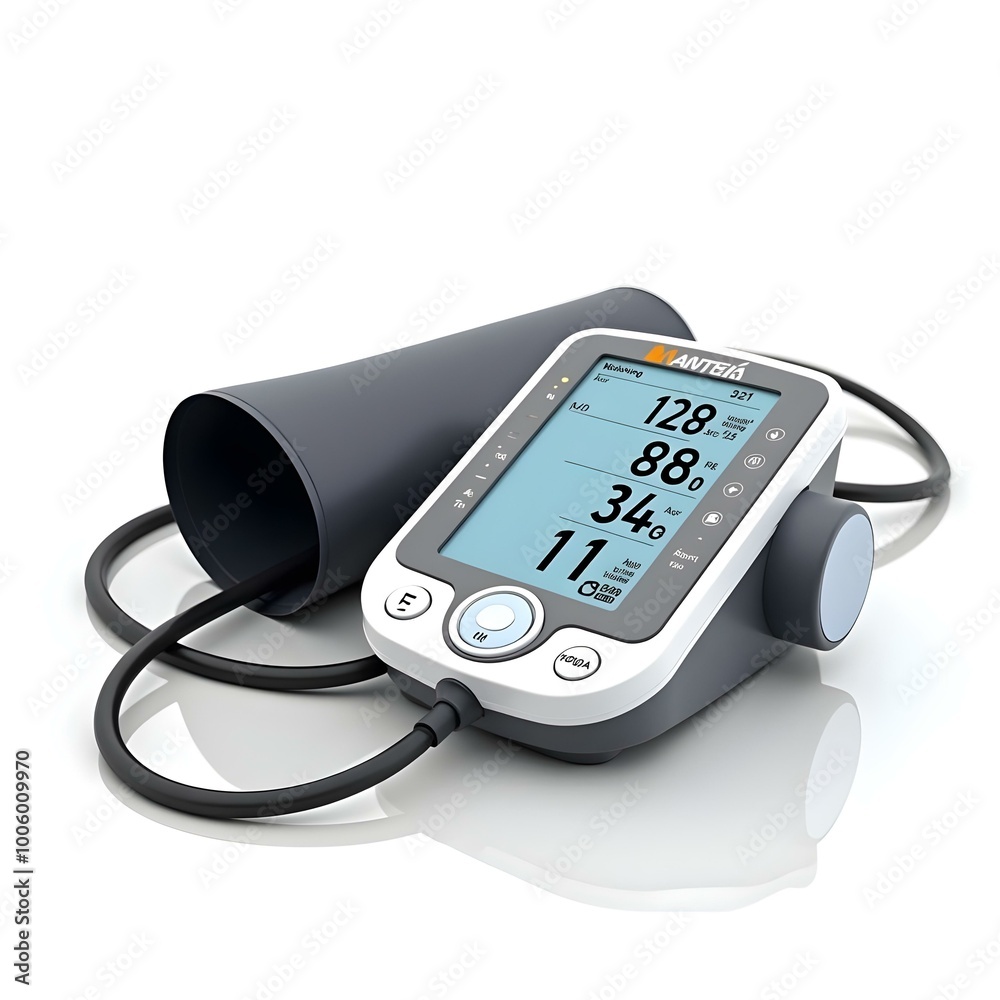 Sleek Modern Digital Blood Pressure Monitor with Bold Readings and Cuff on Clean White Background Sleek Modern Digital Blood Pressure Monitor with Bold Readings and Cuff on Clean White Background
