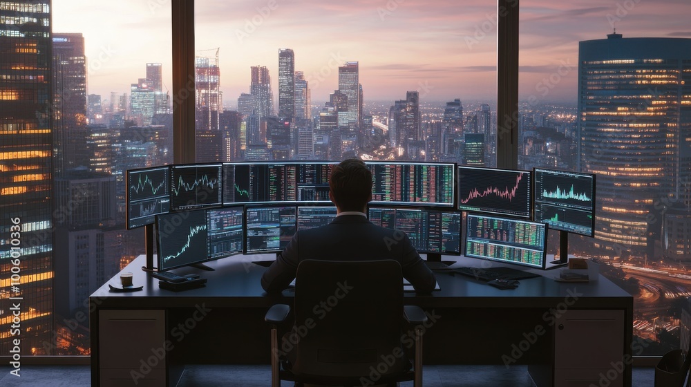 Financial trader analyzing stock market data with city skyline view Financial trader analyzing stock market data with city skyline view