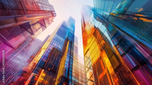 Futuristic skyscraper depicted in a double exposure style, showcasing vibrant colors and dynamic urban designs.