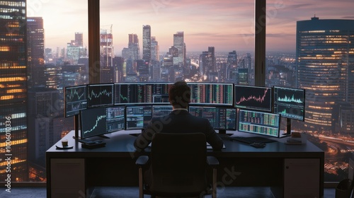 Financial trader analyzing stock market data with city skyline view