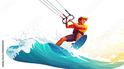 A Kitesurfer Riding a Wave with Splashing Water