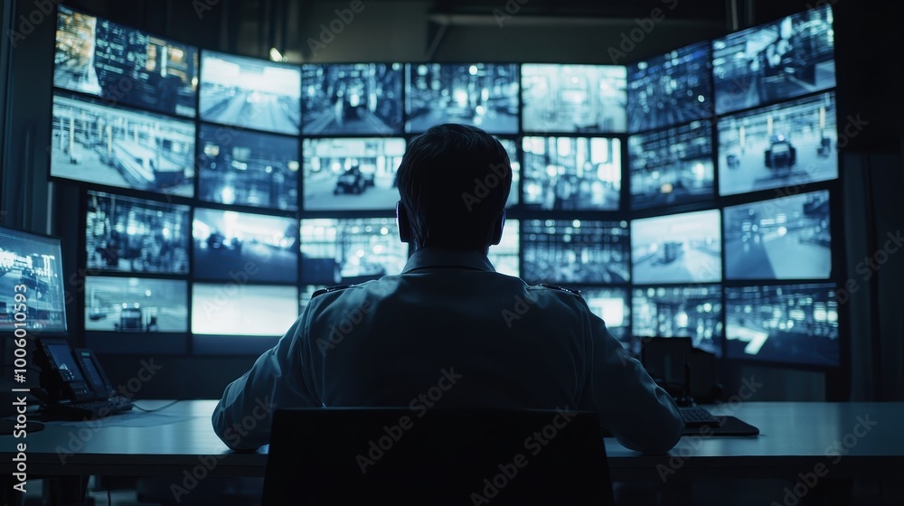 Security officer monitoring multiple cameras in a control room Security officer monitoring multiple cameras in a control room